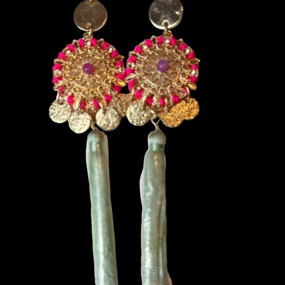 Statement Long Dangle Pierced Earrings From Express Gold Charms Beads & Fringe